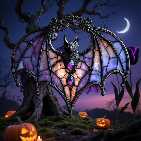 Clearance Under $0.8! 1 Pack Acrylic Stained Glass Bat Window Hanging Ornament Halloween Decor