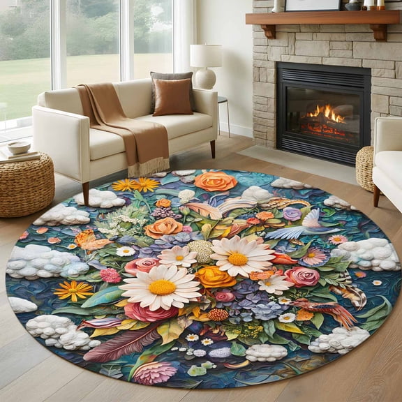 Round Rugs 5Ft, Boho Flower Round Area Rug Washable Indoor Throw Carpet, Retro Daisies Bohemia Floral Clouds Ethnic Soft Non Slip Circle Rug for Cabinet Bathroom Home Decor Aesthetic