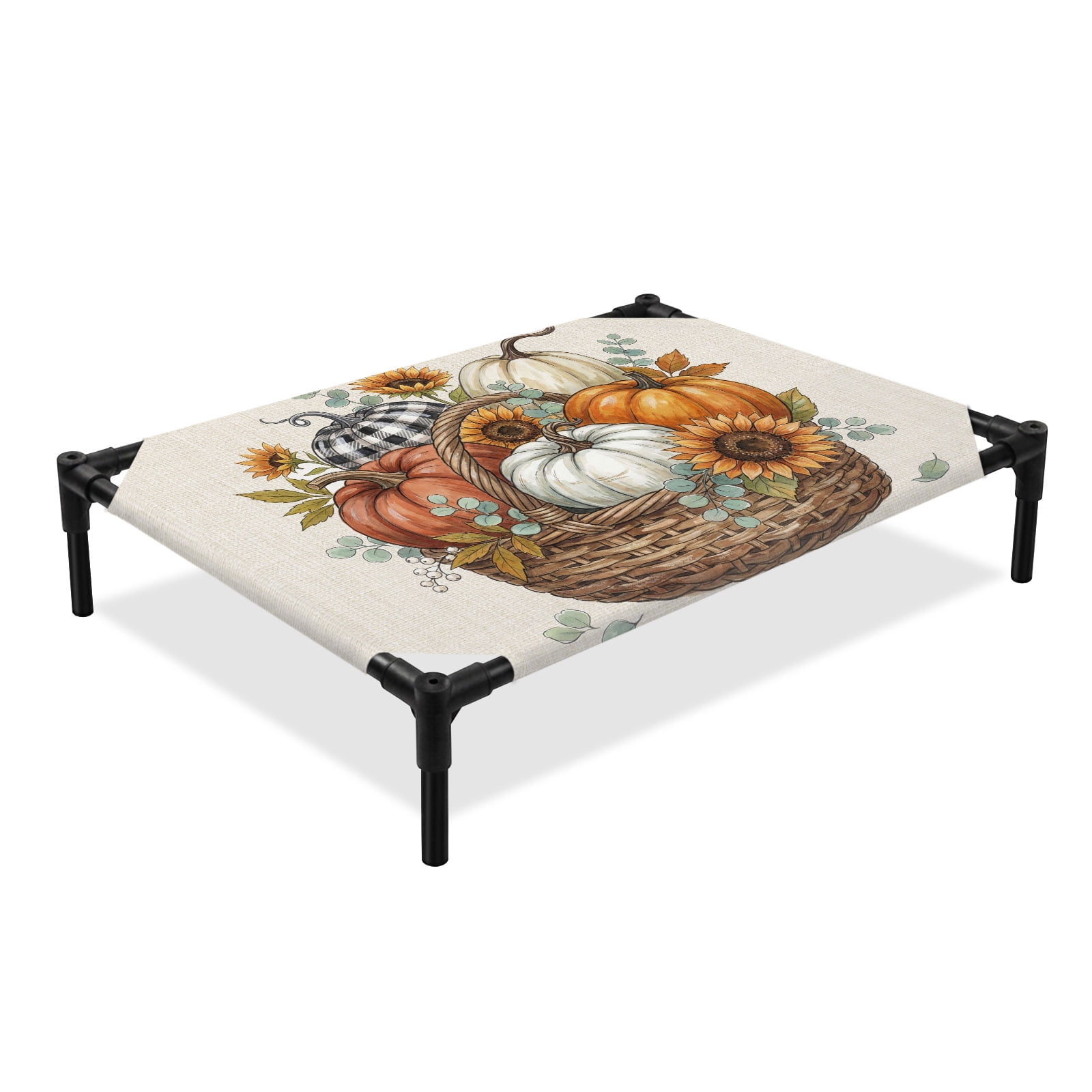 Fall Elevated Dog Bed Farmhouse Autumn Harvest Pumpkin Sunflower Basket Linen Cooling Breathable Outdoor Raised Dog Cot Bed with Metal Frame Non-Slip Feet for Large Dog 28x22in