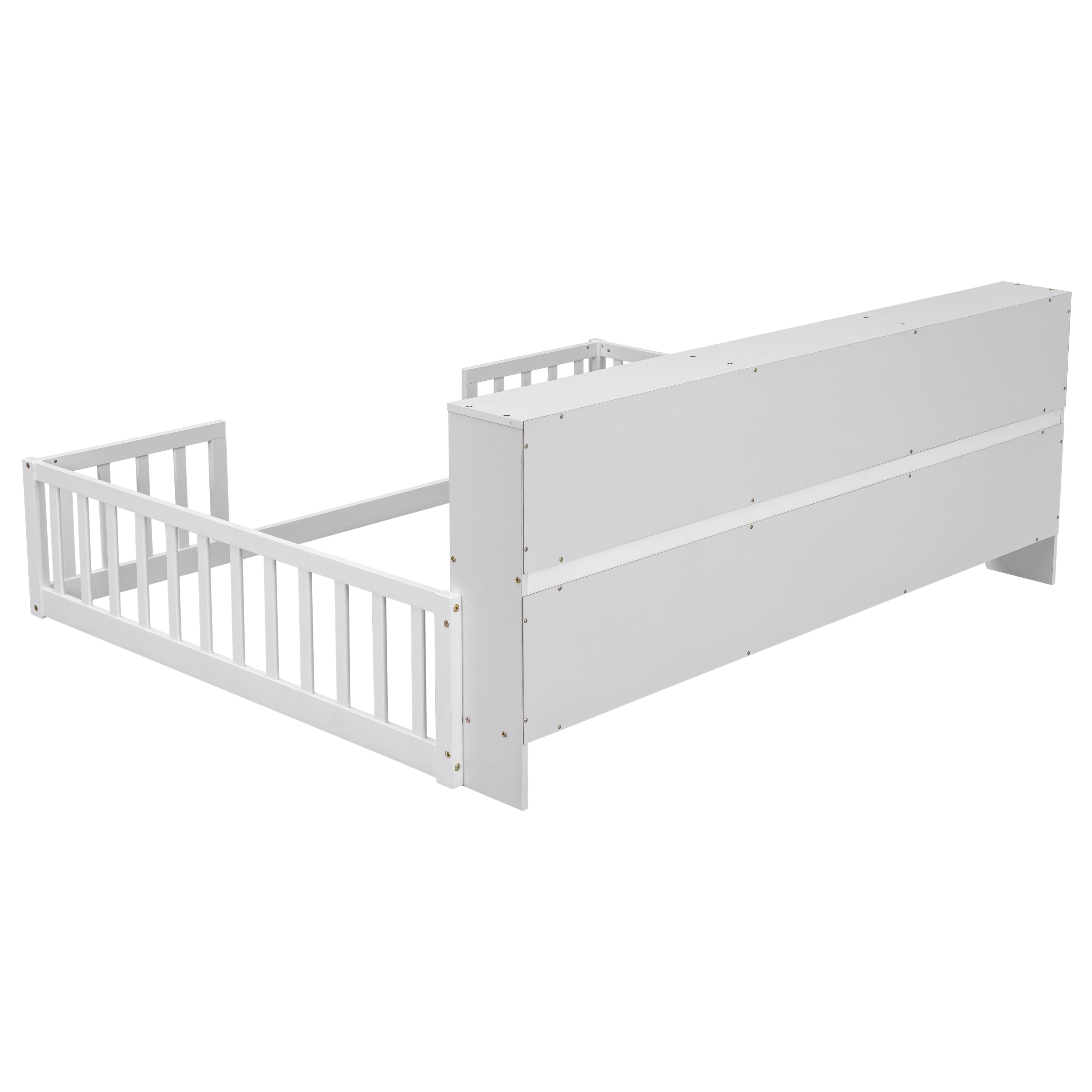 Miniyam Full Floor Bed with Bookcase Shelves and Guardrails, Wood Low Profile Bed Frame, White
