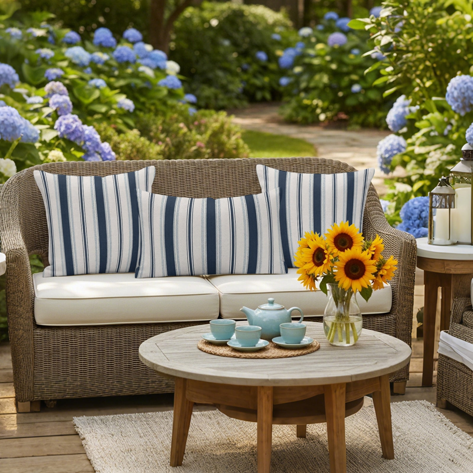 Navy Blue Beige Outdoor Pillow Covers 24x24 Inch Throw Pillow Covers Set of 2 Waterproof Decorative Pillow Cases Retro Simple Abstract Vertical Stripes Cushion Covers for Patio Furniture Garden Couch