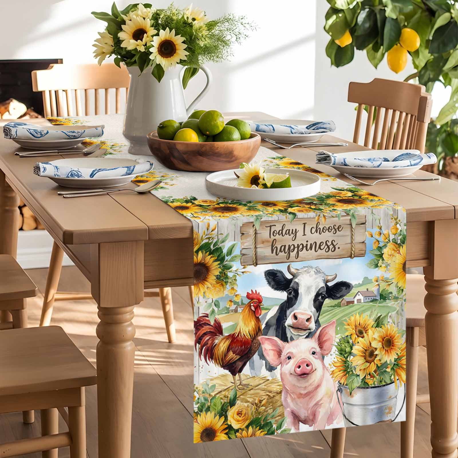 Kitchen Table Runner 90 Inches Long, Farm Cow Rooster Pig Sunflower Cotton Linen Table Runners for Dining Tables Home Holiday Party Wedding, Rustic Animals Wood Barn Tabletop Scarf