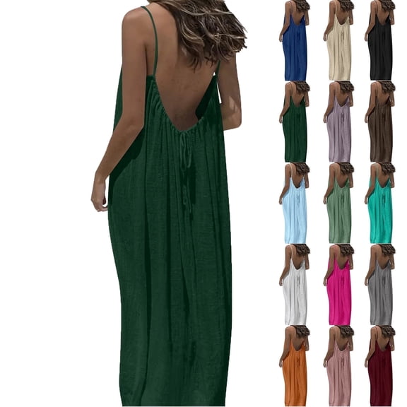 Elvqul Womens Crew Neck Lounge Dress Spaghetti Strap Sleeveless Cami Dress Plus Size Pullover Low Back Long Dresses for Women Plain