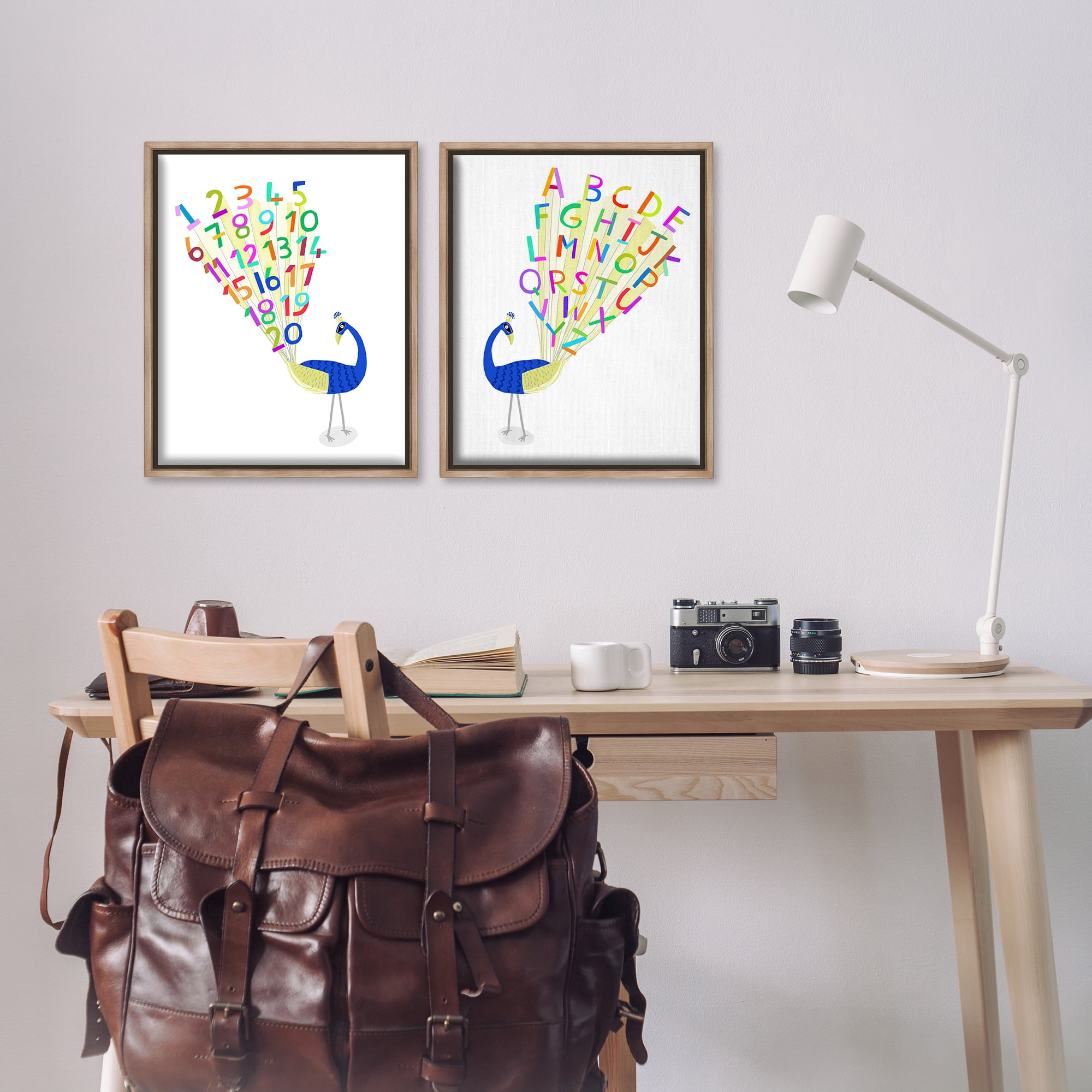 Stupell Industries Peacock Alphabet Numbers Education Painting Brown Floater Framed Canvas Art Print Wall Art, 17 x 21, Set of 2
