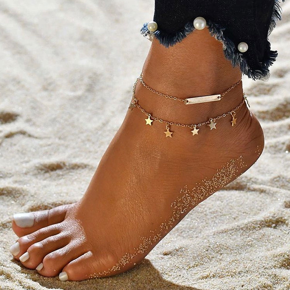 Anklets for Women Lady Double Layers Beaded Barefoot Sandal Anklet Foot Chain Beach Ankle Bracelet