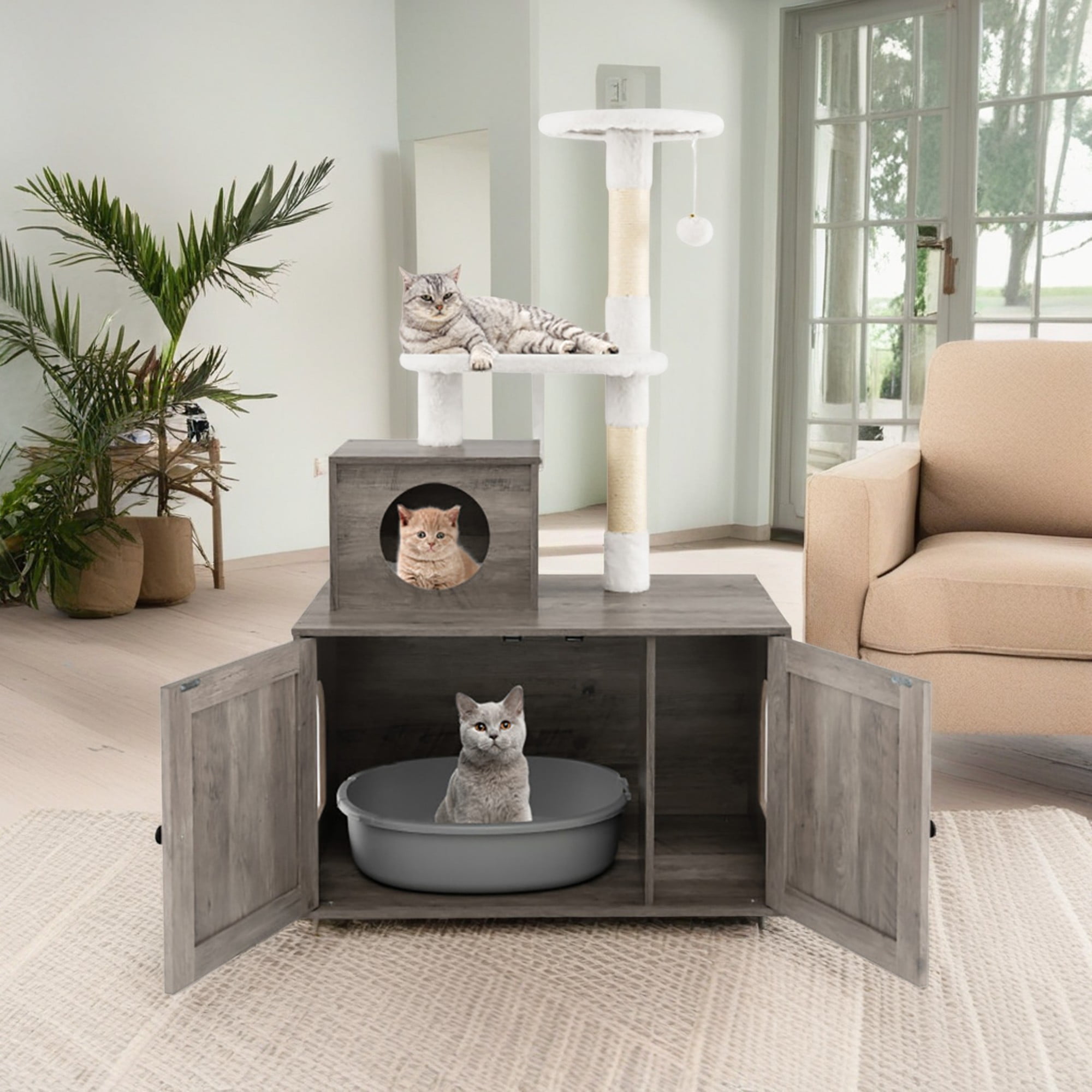 Pefilos 52" Cat Tree with Wood Litter Box Enclosure, All-in-one Indoor Cat Furniture with Large Platform and Condo, Modern Style Cat Tower, Gray Pefilos 52" Cat Tree with Wood Litter Box Enclosure, All-in-one Indoor Cat Furniture with Large Platform and Condo, Modern Style Cat Tower, Gray