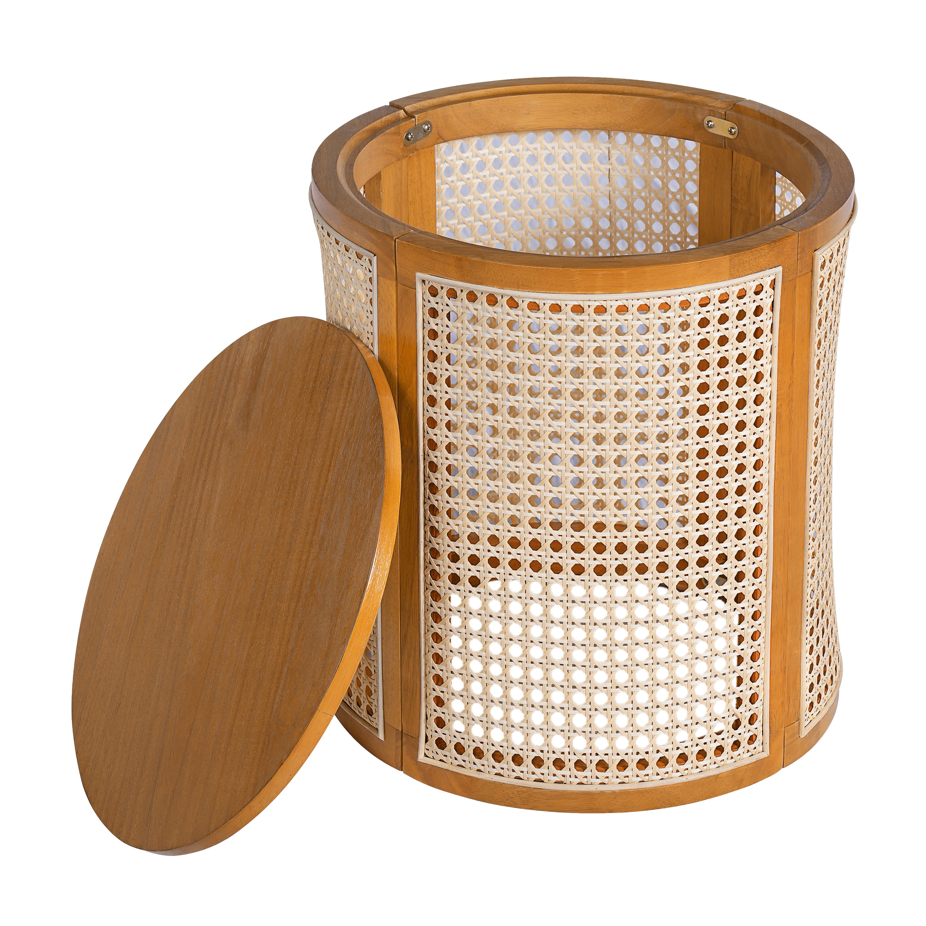 GARITIN Round End Table 15.7 Inch, Woven Rattan Style Side Table with Rubber Wood Frame for Living Room Bedroom, Ochre