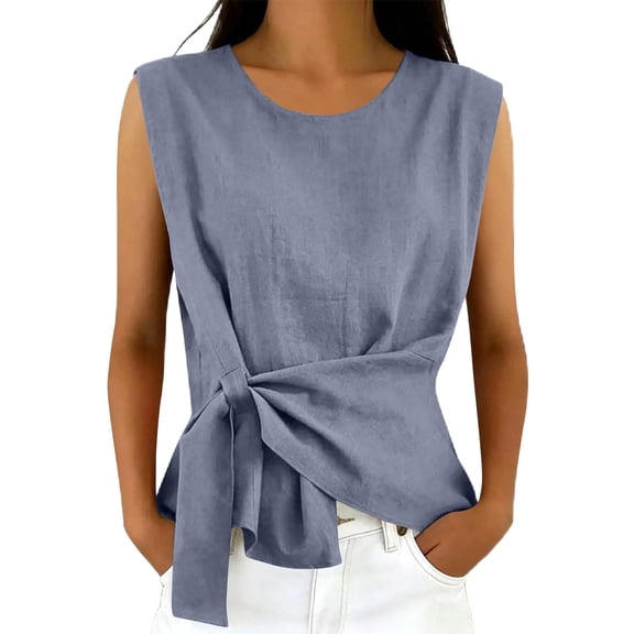 Sewkxo Womens Linen Cotton Crop Tank Tops Tie Wrap Sleeveless Crew Neck Shirts Casual Summer Beach Going Out Tops,Blue L