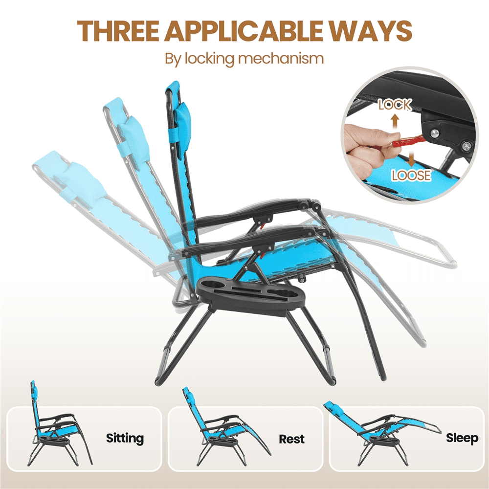 Alden Design 2pcs 26in Foldable Outdoor Zero Gravity Chair with Cupholder/Pillow, Light Blue