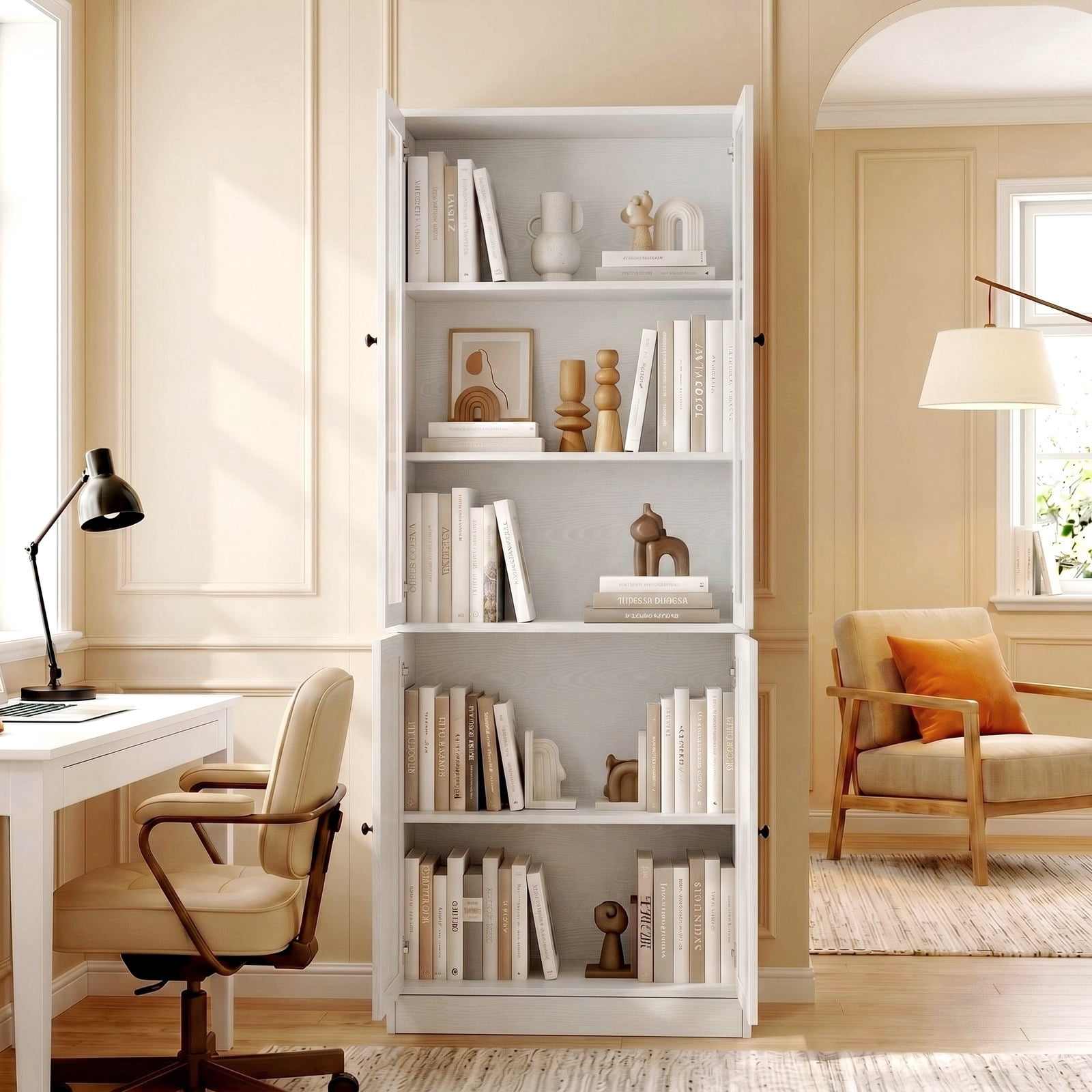 RichYa 71'' Tall Bookcase with Glass Doors, 3-Tier Display Bookshelf & 5-Tier Storage Cabinet for Home Office Living Room