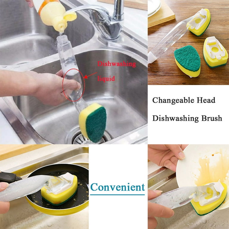 Kitchen Cleaning Tools 4 in 1 Long Handle Cleaning Brush With Removable Brush  Sponge Sponge Dispenser