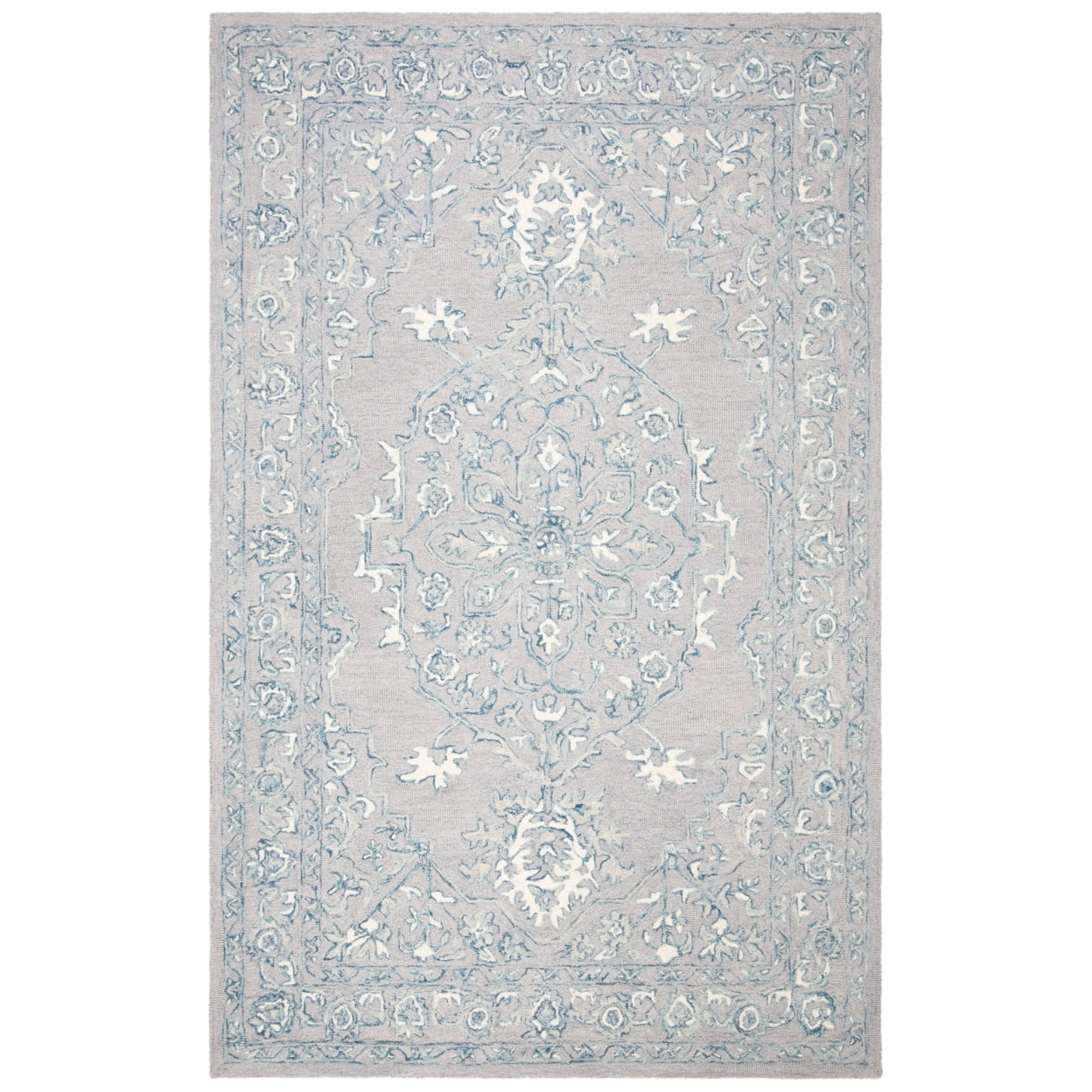 SAFAVIEH Micro-Loop Britton Floral Bordered Wool Area Rug, Light Grey/Ivory, 9' x 12'