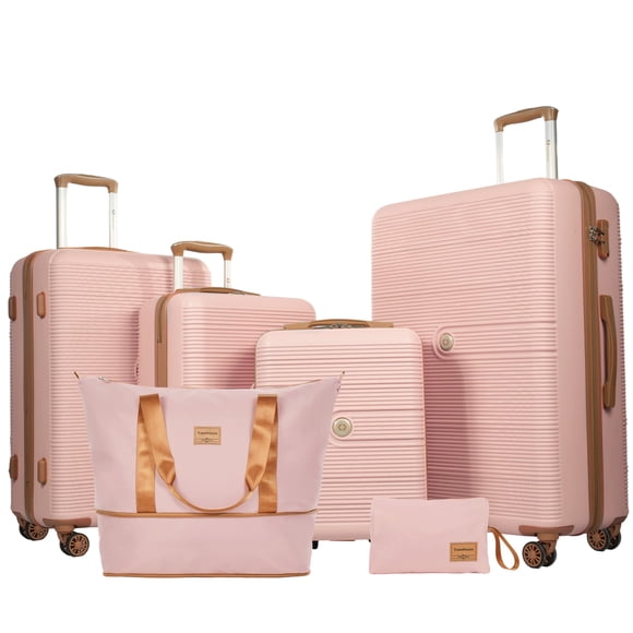 Travelhouse 6 Piece Hardshell Luggage Set for Family Travellers, Lightweight Striped Suitcase with TSA Lock, 360 Spinner Wheels & Matching Duffle Bag, Pink
