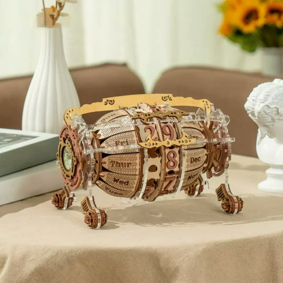 Ceimmolca 3D Wooden Puzzle Calendar & Clock Model Kit For Adults To Build Time Engine Calendar, Khaki