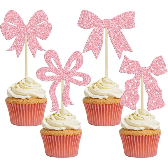12Pcs Light Pink Glitter Bow Cupcake Toppers, Assorted Bow Picks for Girl Baby Shower, Princess Birthday, Gender Reveal Cake Decorations