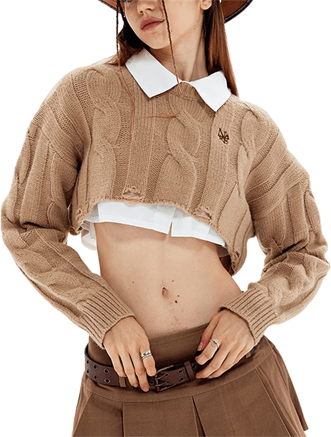 CoCopeaunt Women Y2K Slouchy Cropped Sweater Winter Warm Retro Korean  Preppy Sexy Long Sleeve Knit Pullover Japanese Aesthetic Crop Top -  Walmart.com
