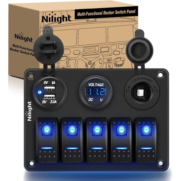 Nilight - 5 Gang Rocker Switch Panel Pre-Wired Aluminum Switch Panel with Dual USB Cigarette Lighter Socket Voltmeter12V-24V DC Switch Panel with Night Glow Stickers for Cars Rvs Trucks