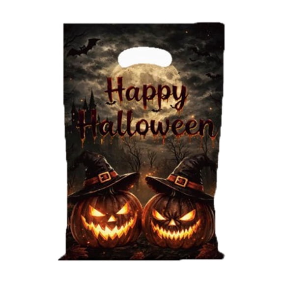 10 Pack Halloween Treat Bags with Handles, Pumpkin Witch Ghost Printed Plastic Goodie Candy Gift Bags for Halloween Party Favors