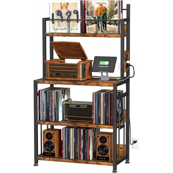 EasyCom Record Player Stand with Vinyl Storage, Turntable Stand Holds Up to 300 Albums, Large Record Player Table with Charge Station, Vinyl Record Stand for Living Room