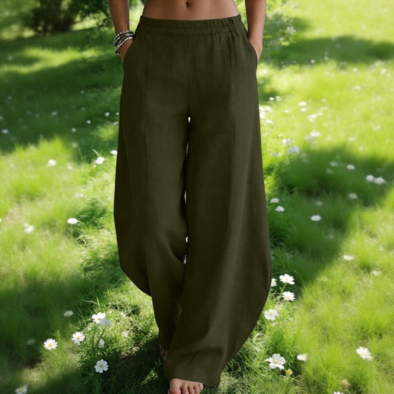 AUNVITO Women's Cotton Pants Relaxed Wide Leg with Lantern Cuff Design Casual and Comfortable Style