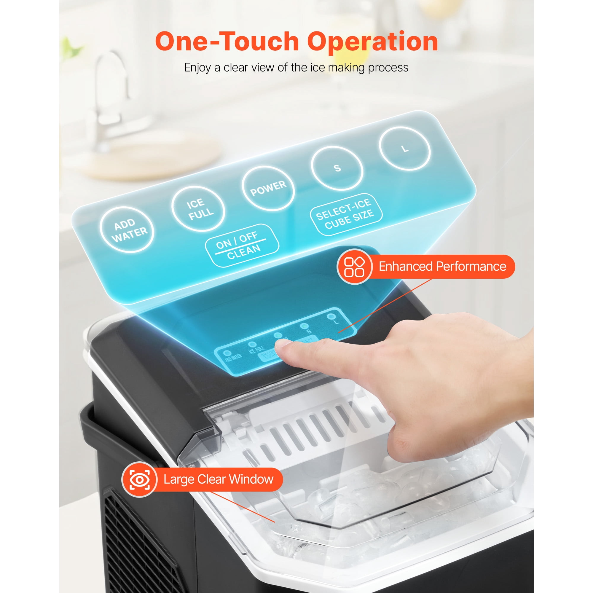 KFFKFF Countertop Ice Maker, Produces 9 Ice Cubes in 6 Minutes, 26lbs Daily Capacity, Portable Ice Machine with Self-Cleaning Function, Includes Ice Scoop and Basket, Offers Two Sizes of Bullet Ice