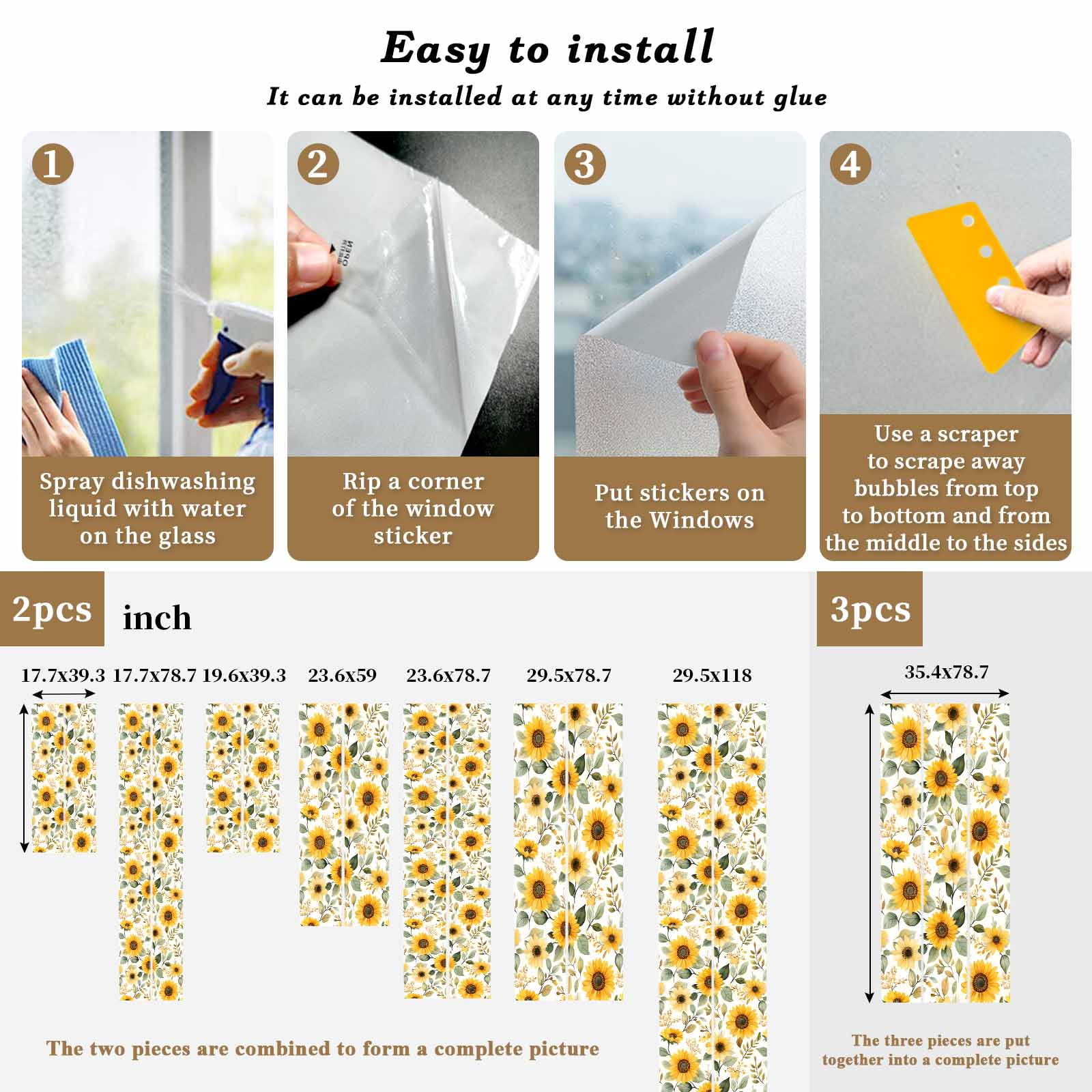 Sunflower Window Privacy Film, Farmhouse Spring Summer Botanical Static Cling UV Sun Blocking Heat Control Window Tint Day and Night, Non-Adhesive Reusable One Way Windows Privacy Cover 23.6''x59''