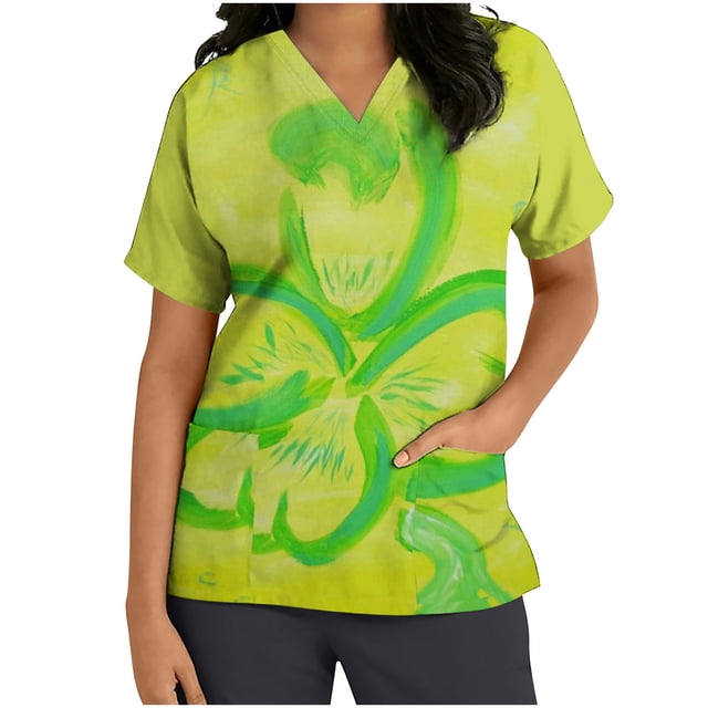 Hauts d'Été Grande Taille pour Femmes en Solde Hauts à Manches Courtes Col en V Uniforme de Travail Imprimé St. Patrick avec Poche Blouse Col en V T-Shirt Femmes en Solde