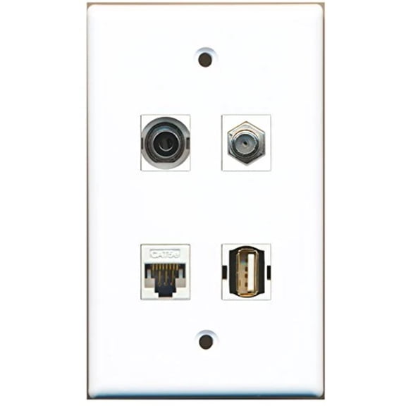 RiteAV - 1 Port Coax Cable TV- F-Type 1 Port USB A-A 1 Port 3.5mm 1 Port Cat5e Ethernet White Wall Plate