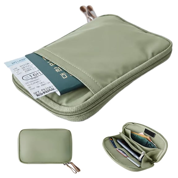 Travel Wallet, 7.1" x 4.7" Nylon Passport Holder with 8 Pockets, Zippered Card Case Green