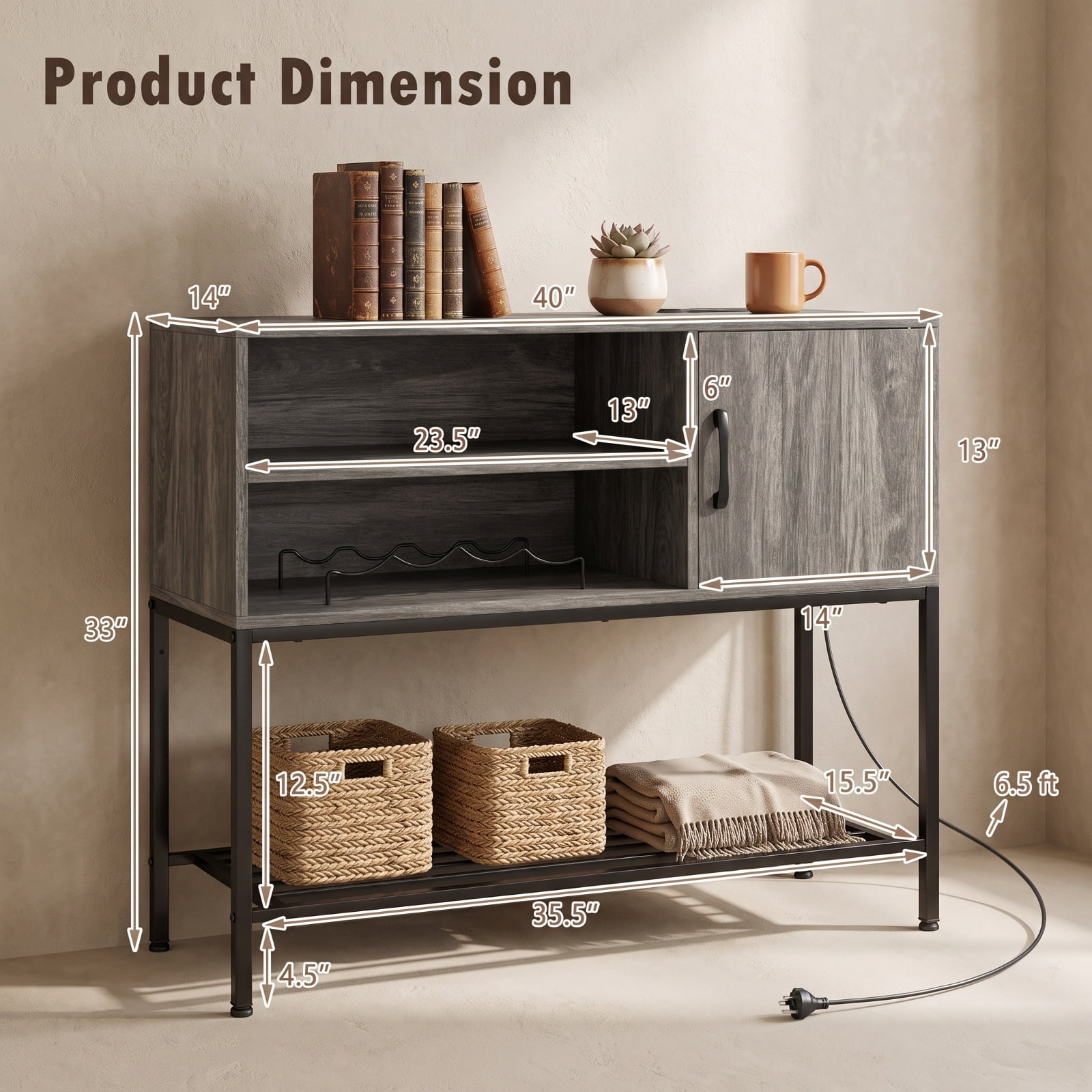 Furnibear Buffet Sideboard Coffee Bar Cabinet with Power Outlets and USB Ports for Kitchen Dining Living Room Buffet Storage Server, Gray