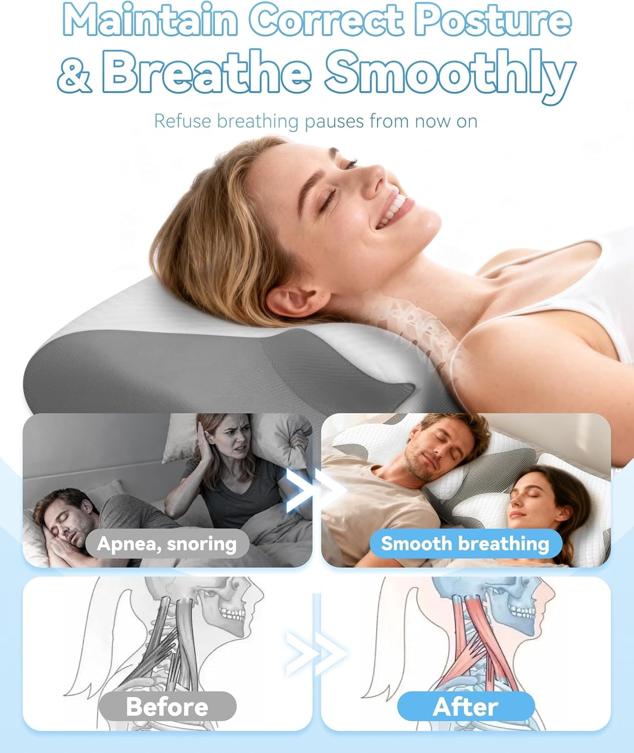 Sleep Apnea Pillow for Sleep Apnea and Snoring, Cervical Neck Support for Proper Alignment, Ergonomic Contour Memory Foam Pillow with Cooling Cover