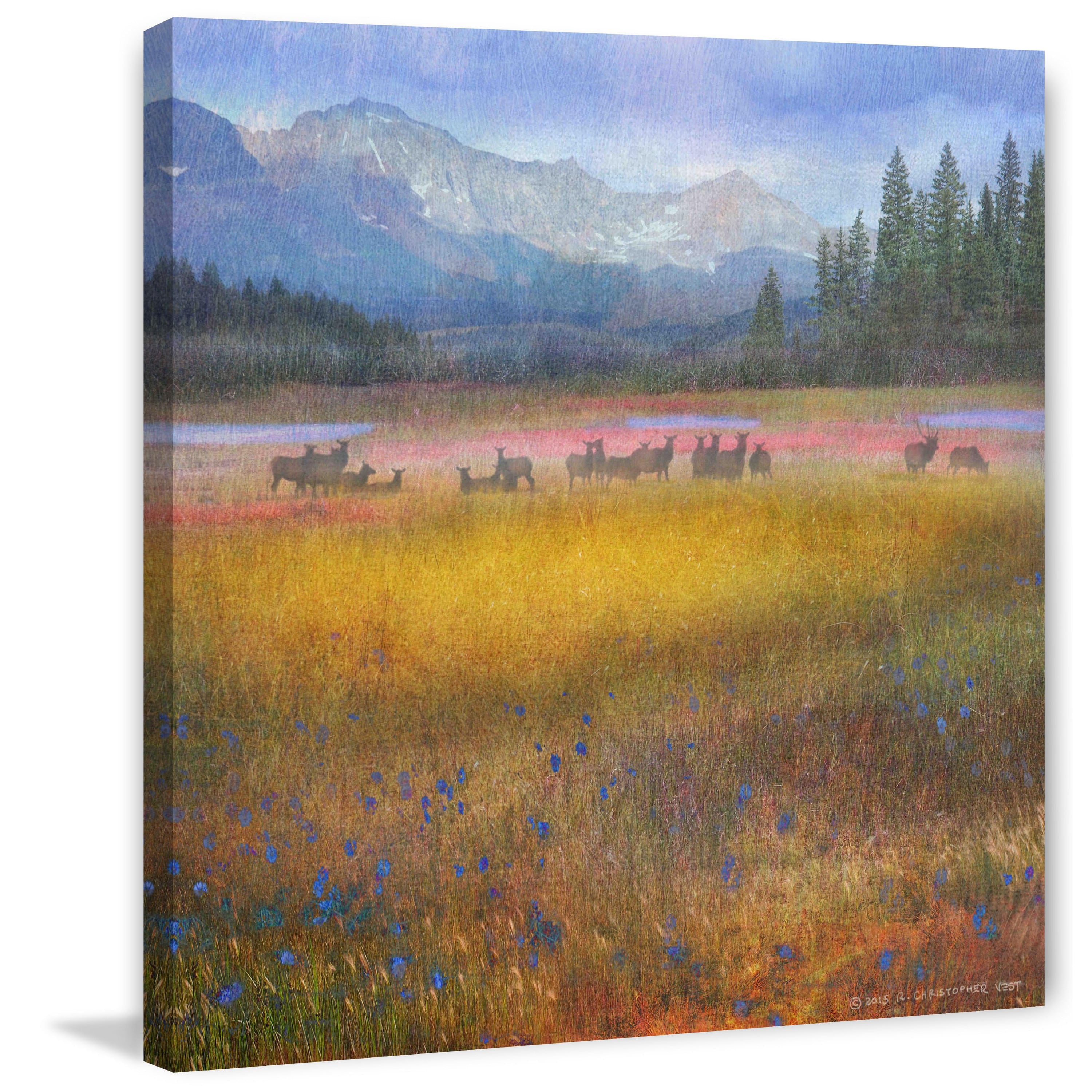 "Flowered Meadow Elk" Painting Print on Wrapped Canvas