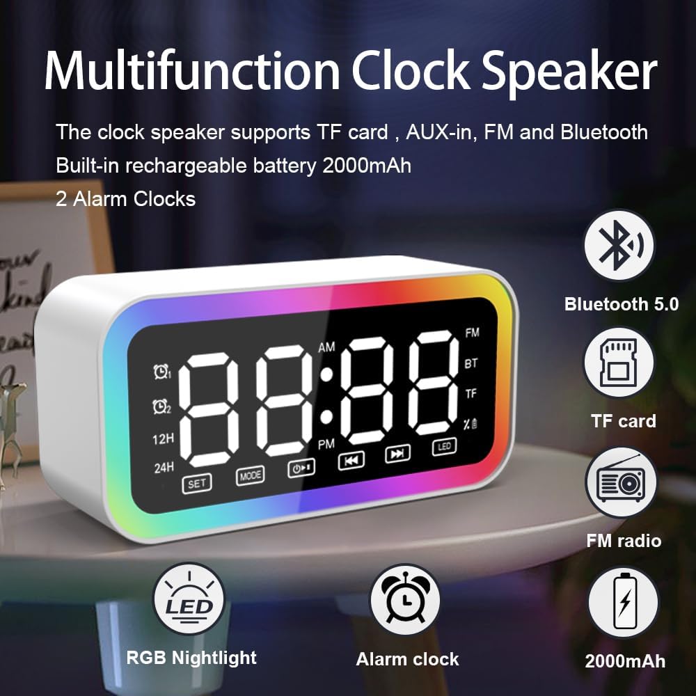 Big Digital Dual Alarm Clock, Bluetooth Speaker with HIFI Stereo, Compact Clock for Bedroom, Colorful LED Lights, USB Charger, LED Display Digital Alarm Clock for Teens Girls Boys (White)
