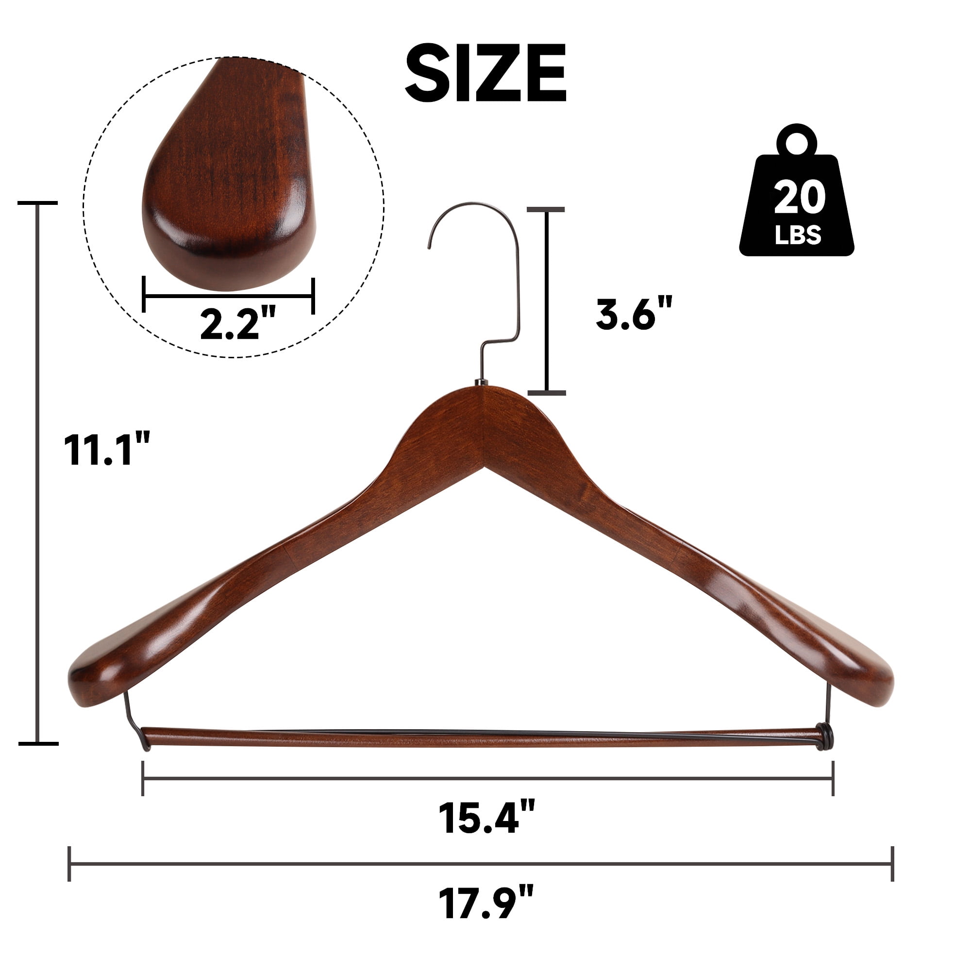 BP4U 12-Pack Premium Wide Shoulder Wooden Suit Hangers, Heavy-Duty Non-Slip Solid Wood Coat Hangers with Locking Bar for Suits & Coats(Walnut)