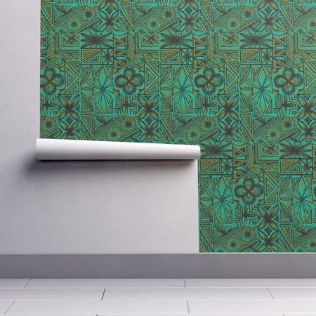- Peel-and-Stick Removable Wallpaper Hawaiian Hawaiian Tapa Olive Black Tiki Green