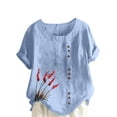 thumbnail image 2 of QUNYINEY Women Shirts Floral Crew Neck Short Sleeve Casual Tops Cotton Linen Button Pullover Loose Shirts, 2 of 4
