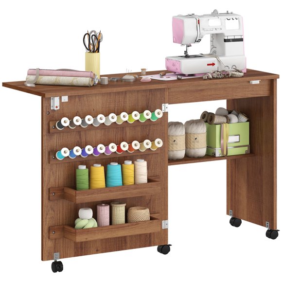 HOMCOM Folding Sewing Table, Rolling Craft Table with Storage, Brown