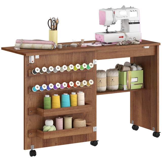 HOMCOM Folding Sewing Table, Rolling Craft Table with Storage, Brown