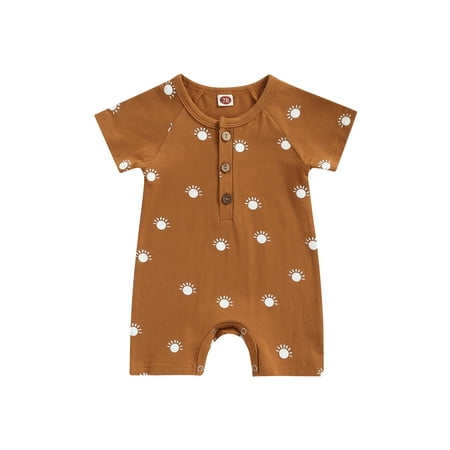

Canrulo Summer Infant Baby Girls Boys Romper Short Sleeve Sun/Rainbow/Geometric Printing Front Button Jumpsuit Yellowish Brown 0-3 Months