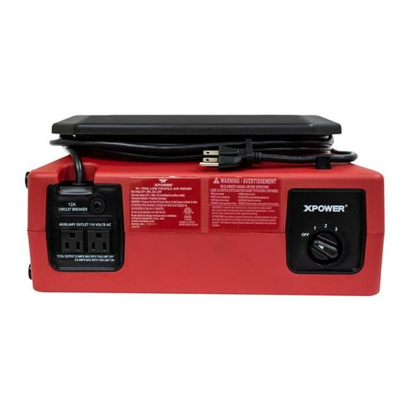 Xpower PL-700A-Red 0.33 HP 1050 CFM 3-Speed Low Profile Air Mover, Floor Fan, Carpet Dryer with Built-in Power Outlets, Red