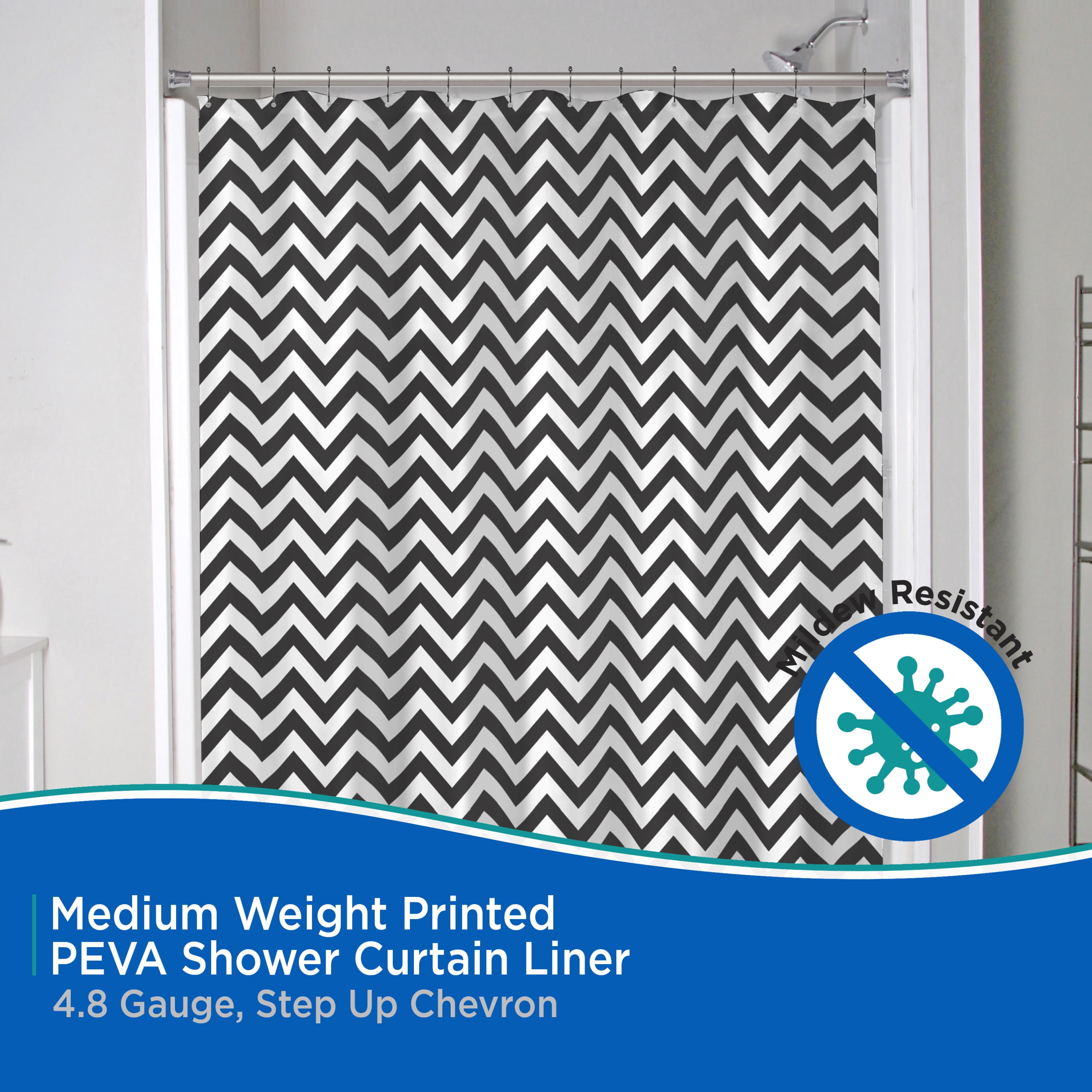 Kenney Medium Weight Decorative PEVA Shower Curtain Liner, 70" W x 72" H, Step Up Chevron