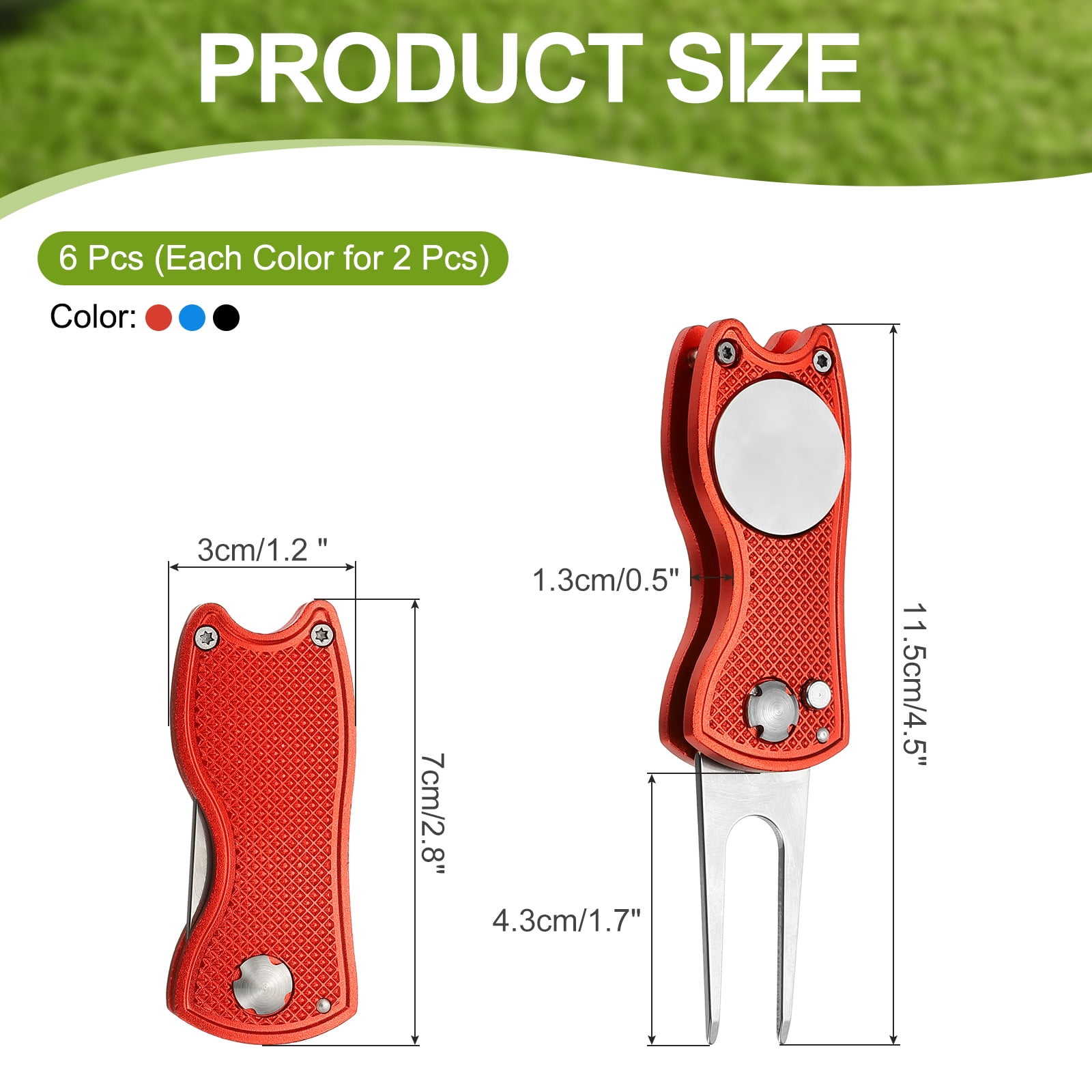 Uxcell Golf Divot Repair Tool, Foldable Metal Golf Green Divot Tool with Magnetic Ball Marker & Stainless Steel Fork Blue/Red/Black