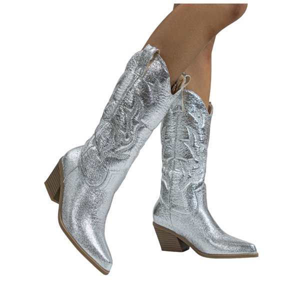 Metallic Glitter Cowboy Boots for Women Sparkly Leather Pointed Toe Chunky Heels Wide Mid Calf Cowgirl Boots Silver