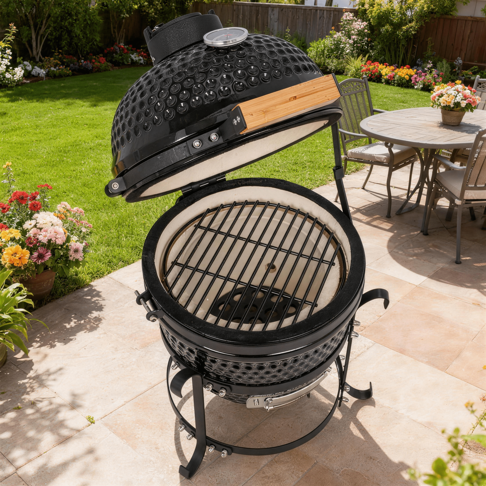 LODZPK 13in Round Ceramic Charcoal Grill Black, 50-800°F Heat Retention for Grilling Smoking