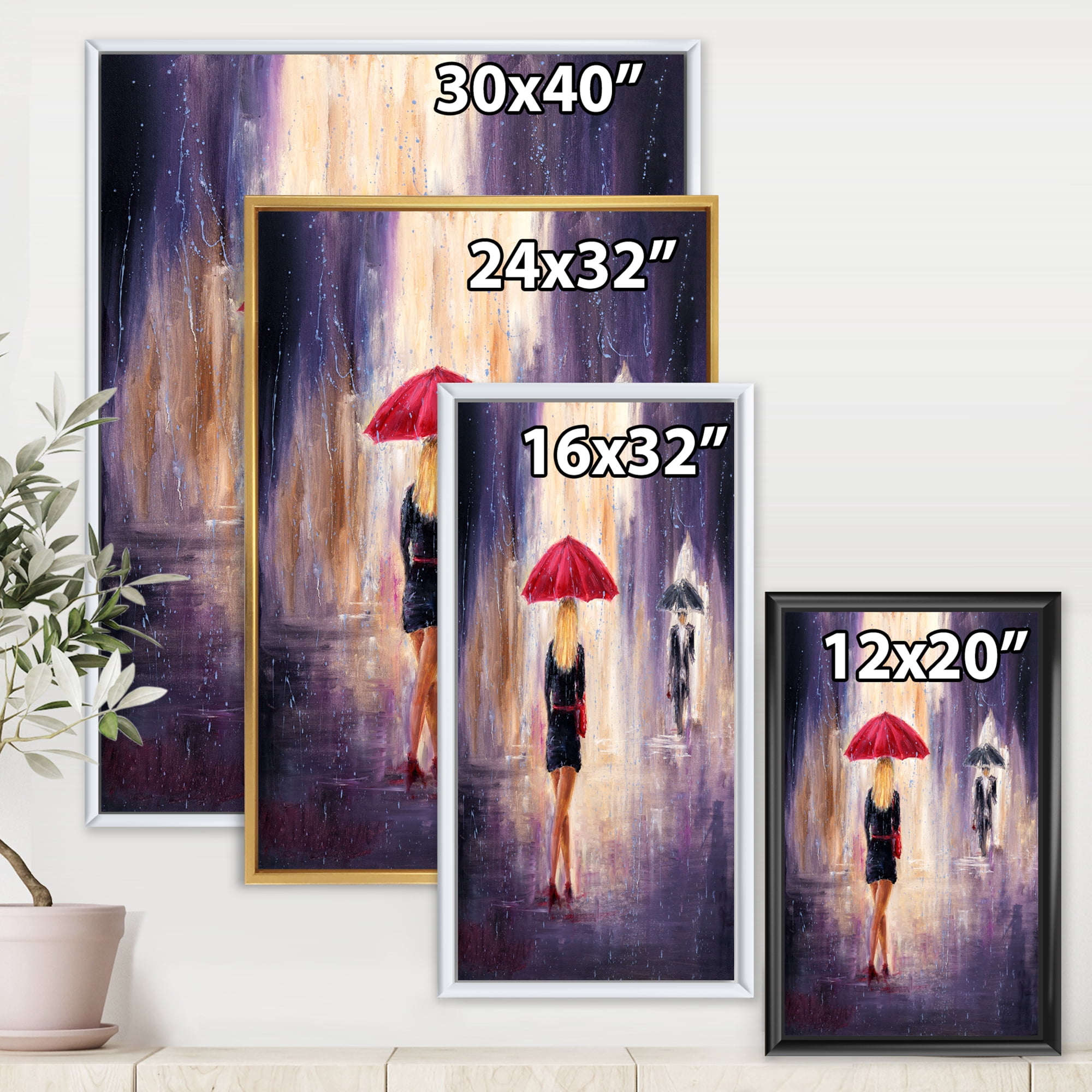 The Girl With The Umbrella Walking In The Rain II 24 in x 32 in Framed Painting Canvas Art Print, by Designart