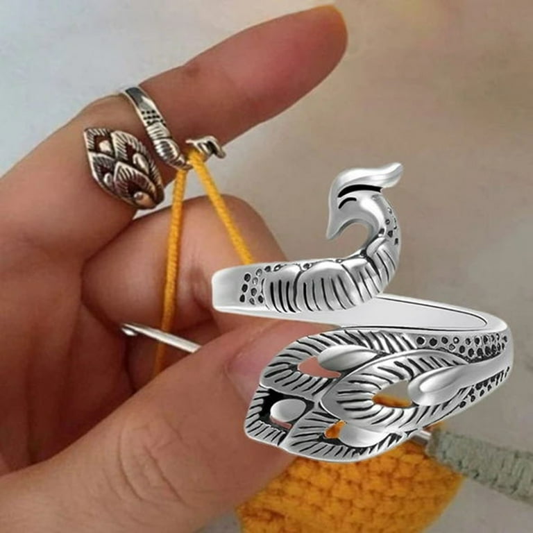 Adjustable Peacock Knitting/Crochet Ring in Silver