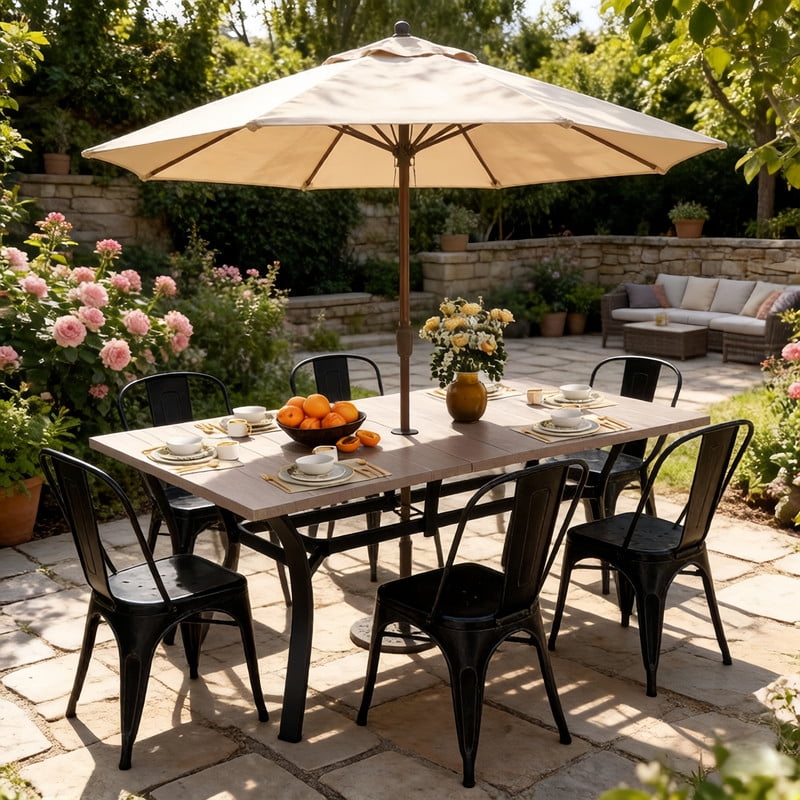 Howcool Outdoor Rectangular Dining Table w/ Imitation Wooden Tabletop, Iron Patio Table w/ Umbrella Hole