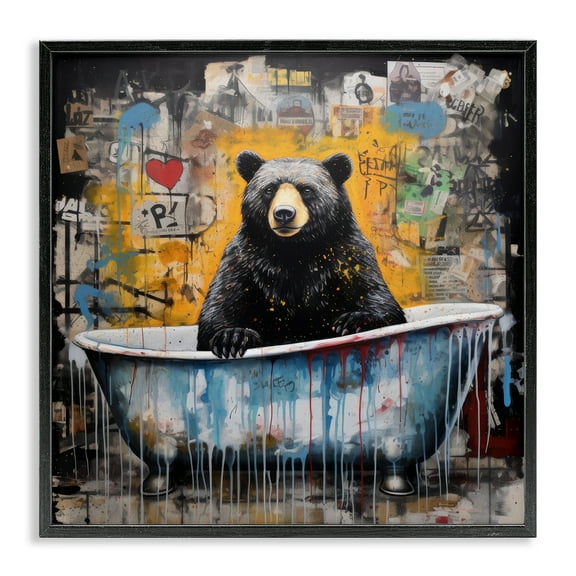 Stupell Industries Graffiti Bathing Bear Typography Painting Black Framed Art Print Wall Art, 12 x 12