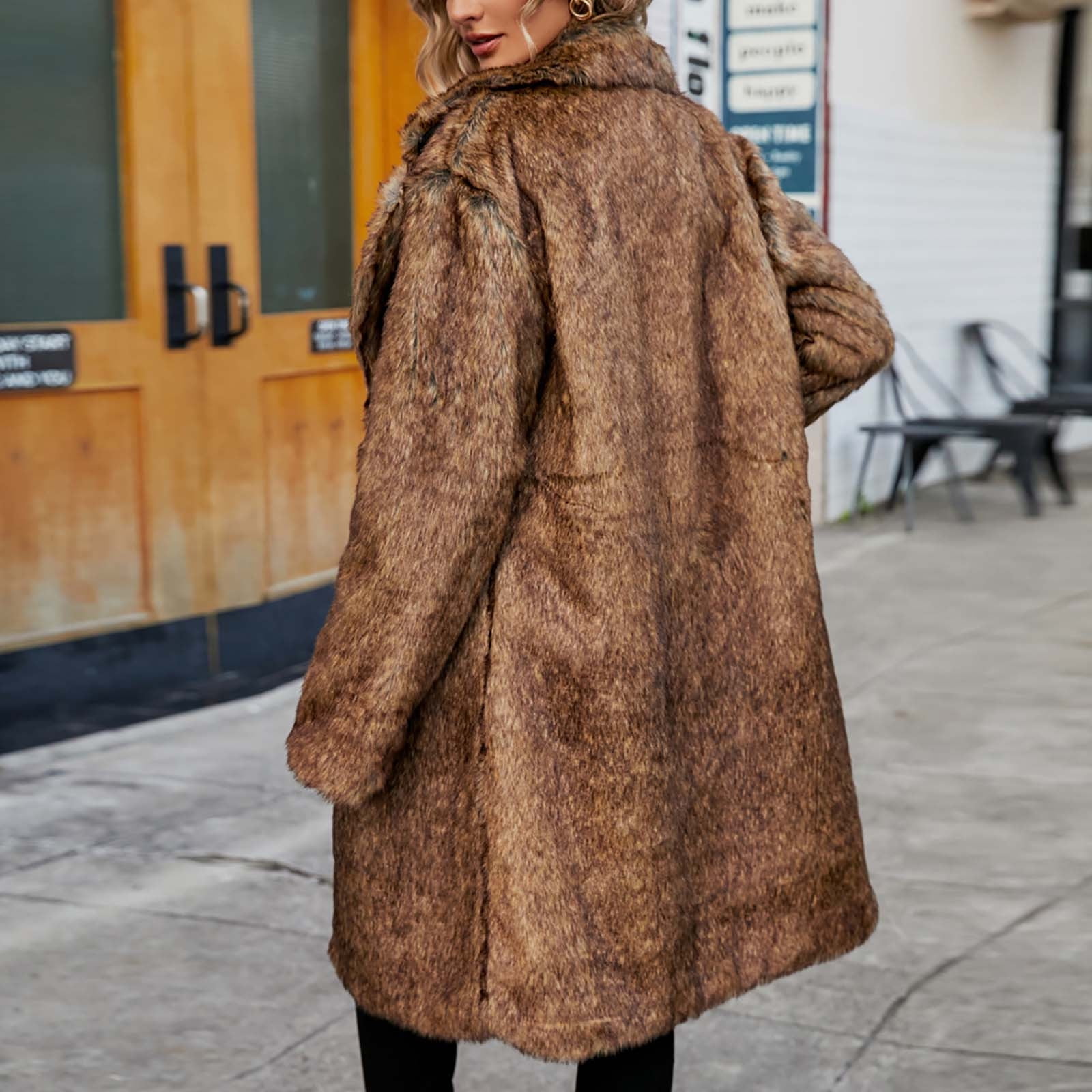 Penkiiy Women's Long Lapel Faux fur Jacket Shaggy Coat Warm