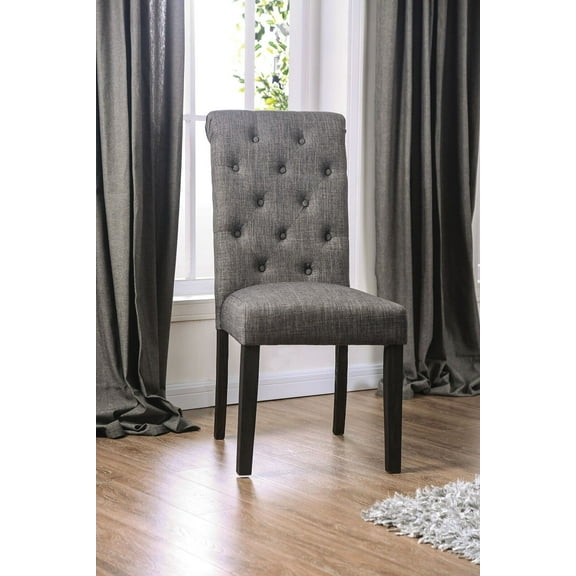 6pcs Dining Chairs Gray Linen Like Fabric Antique Black Solid wood Scroll Back Tufted Cushion Side Chairs Kitchen Dining Room